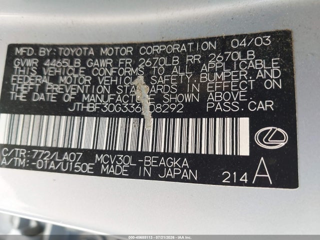 45685113 :رقم المزاد ، JTHBF30G336008292 vin ، 2003 Lexus Es 300 مزاد بيع