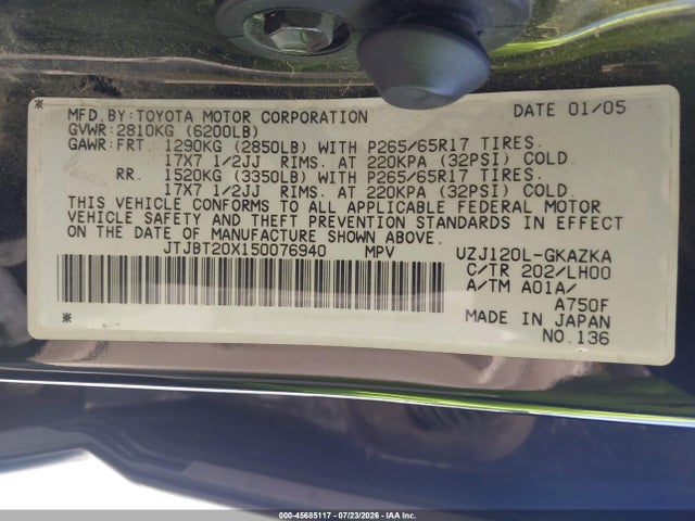 Продажа на аукционе авто 2005 Lexus Gx 470, vin: JTJBT20X150076940, номер лота: 45685117