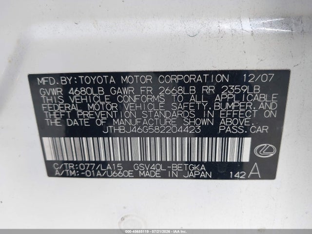 Aukcja sprzedaży 2008 Lexus Es 350, vin: JTHBJ46G582204423, numer aukcji: 45685119