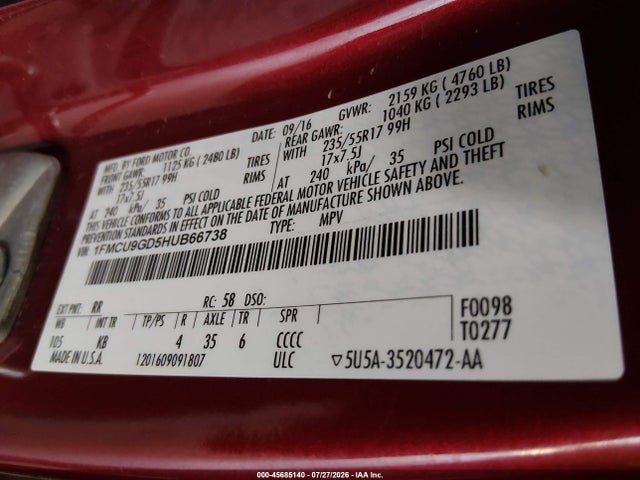 Aukcja sprzedaży 2017 Ford Escape Se, vin: 1FMCU9GD5HUB66738, numer aukcji: 45685140
