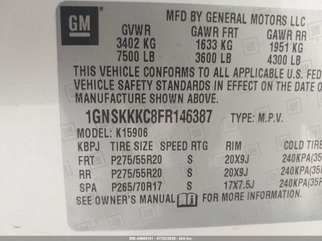 Продаж на аукціоні авто 2015 Chevrolet Suburban Ltz, vin: 1GNSKKKC8FR146387, номер лоту: 45685141