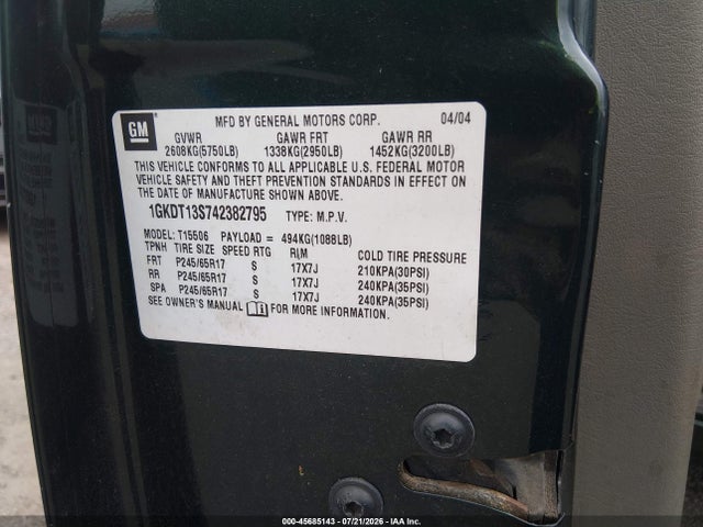 45685143 :رقم المزاد ، 1GKDT13S742382795 vin ، 2004 Gmc Envoy Sle مزاد بيع