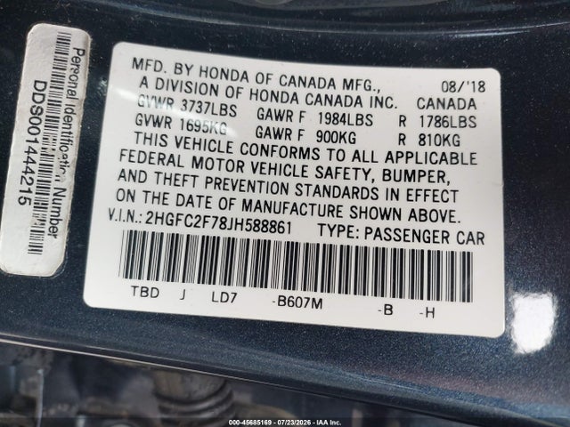 Honda CIVIC EX 2018 2HGFC2F78JH588861 Image 9