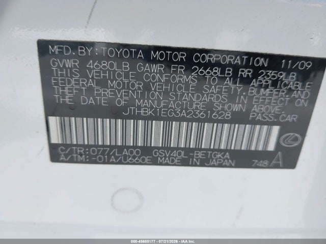 Aukcja sprzedaży 2010 Lexus Es 350, vin: JTHBK1EG3A2361628, numer aukcji: 45685177