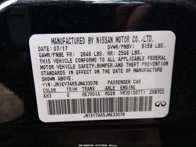 Aukcja sprzedaży 2018 Infiniti Q50 3.0t Luxe, vin: JN1EV7AR5JM433078, numer aukcji: 45685186