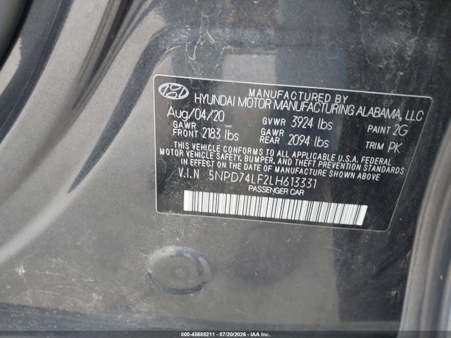 Продаж на аукціоні авто 2020 Hyundai Elantra Se, vin: 5NPD74LF2LH613331, номер лоту: 45685211