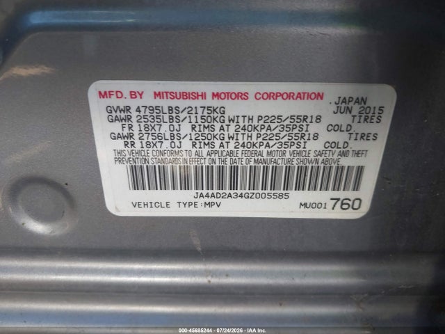 Mitsubishi Outlander Es 2016 JA4AD2A34GZ005585 Image 9