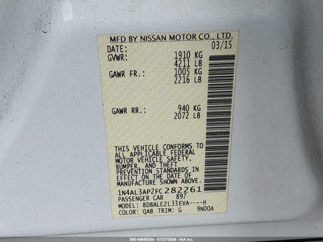 Nissan Altima 2.5 S 2015 1N4AL3AP2FC282261 Image 9