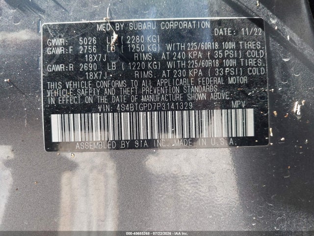 2023 Subaru Outback Touring Xt მანქანა იყიდება აუქციონზე, vin: 4S4BTGPD7P3141329, აუქციონის ნომერი: 45685268