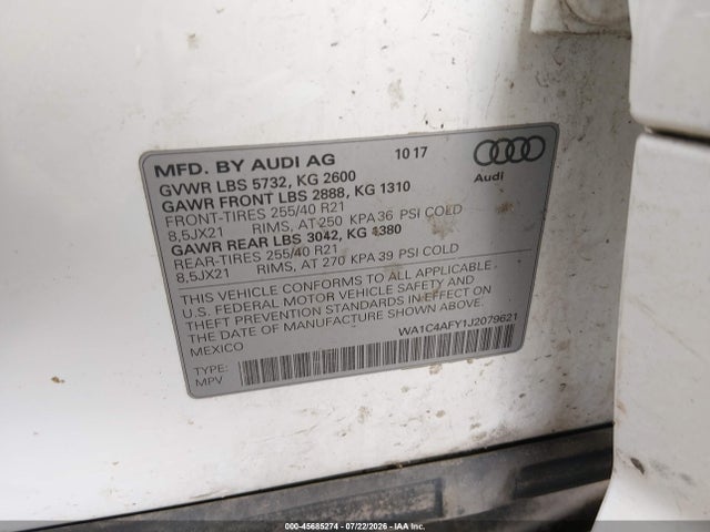 Продажа на аукционе авто 2018 Audi Sq5 3.0t Premium Plus, vin: WA1C4AFY1J2079621, номер лота: 45685274