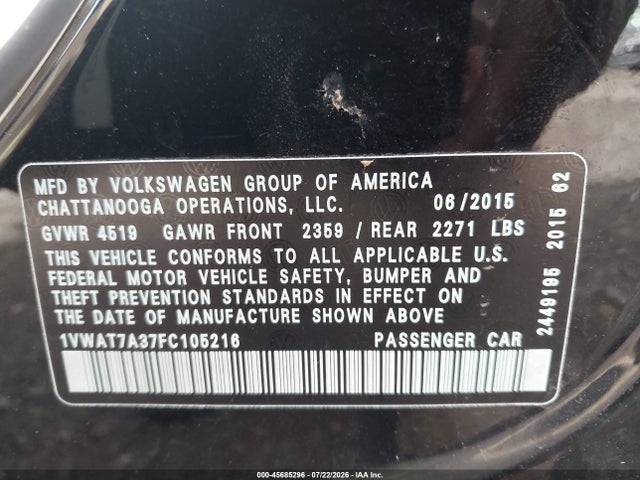 2015 Volkswagen Passat 1.8t Limited Edition მანქანა იყიდება აუქციონზე, vin: 1VWAT7A37FC105216, აუქციონის ნომერი: 45685296