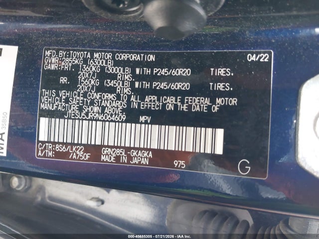 2022 Toyota 4runner Trd Sport მანქანა იყიდება აუქციონზე, vin: JTESU5JR9N6064609, აუქციონის ნომერი: 45685305