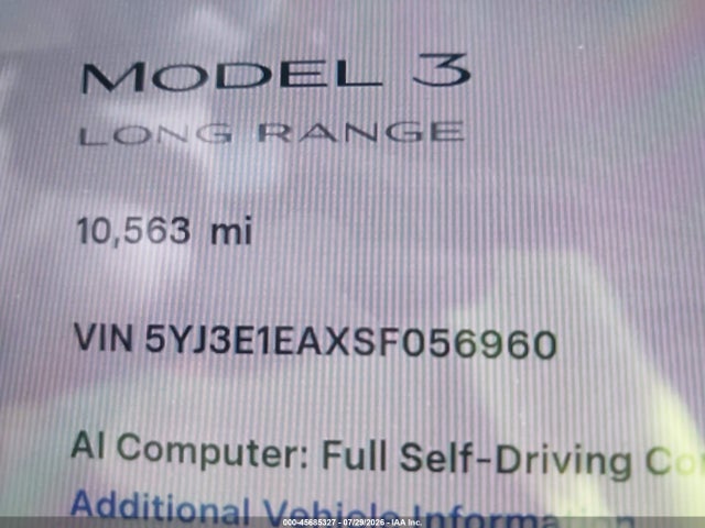 Aukcja sprzedaży 2025 Tesla Model 3 Long Range Rear-wheel Drive/standard Rear-wheel Drive, vin: 5YJ3E1EAXSF056960, numer aukcji: 45685327