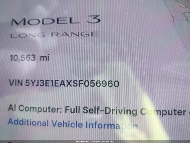 Aukcja sprzedaży 2025 Tesla Model 3 Long Range Rear-wheel Drive/standard Rear-wheel Drive, vin: 5YJ3E1EAXSF056960, numer aukcji: 45685327