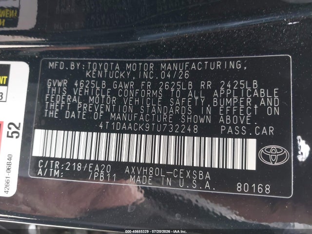 45685329 :رقم المزاد ، 4T1DAACK9TU732248 vin ، 2026 Toyota Camry Se مزاد بيع