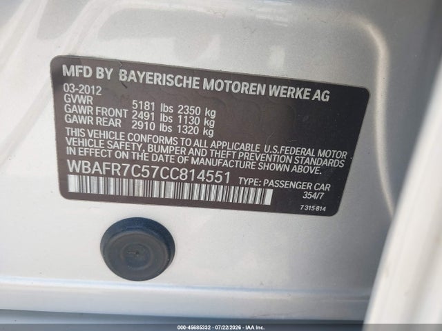 45685332 :رقم المزاد ، WBAFR7C57CC814551 vin ، 2012 Bmw 535i مزاد بيع