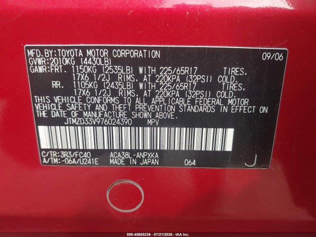 Aukcja sprzedaży 2007 Toyota Rav4, vin: JTMZD33V976024390, numer aukcji: 45685336