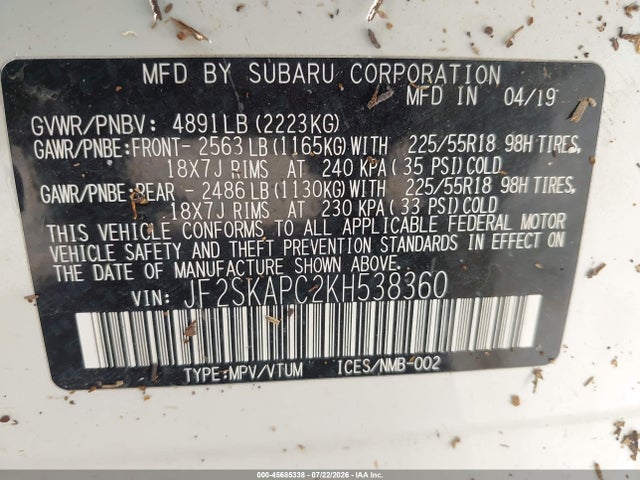 2019 Subaru Forester Sport მანქანა იყიდება აუქციონზე, vin: JF2SKAPC2KH538360, აუქციონის ნომერი: 45685338