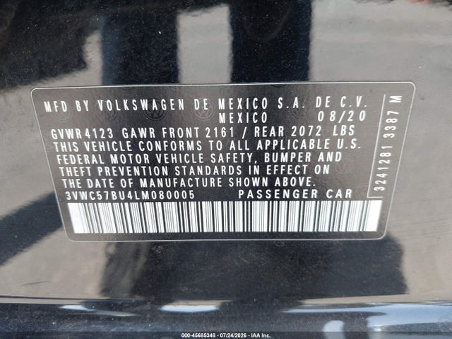 Продаж на аукціоні авто 2020 Volkswagen Jetta 1.4t R-line/1.4t S/1.4t Se, vin: 3VWC57BU4LM080005, номер лоту: 45685348