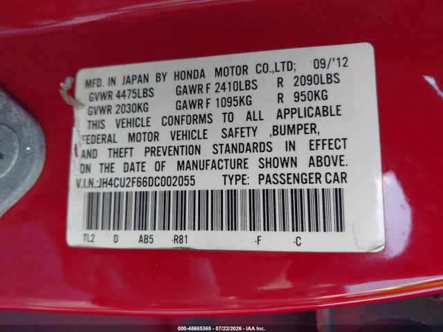 45685365 :رقم المزاد ، JH4CU2F66DC002055 vin ، 2013 Acura Tsx 2.4 مزاد بيع