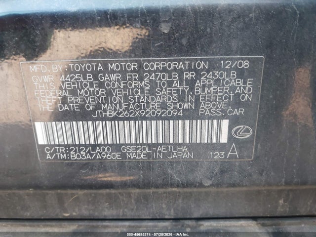 45685374 :رقم المزاد ، JTHBK262X92092094 vin ، 2009 Lexus Is 250 مزاد بيع