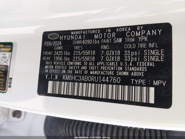 Aukcja sprzedaży 2024 Hyundai Kona Sel, vin: KM8HC3AB0RU144760, numer aukcji: 45685384