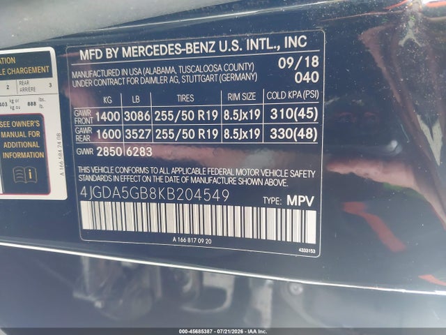2019 Mercedes-benz Gle 400 4matic მანქანა იყიდება აუქციონზე, vin: 4JGDA5GB8KB204549, აუქციონის ნომერი: 45685387