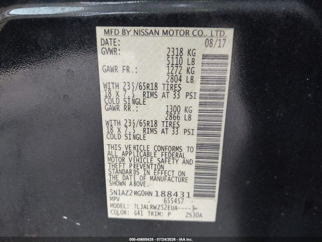 45685428 :رقم المزاد ، 5N1AZ2MG0HN188431 vin ، 2017 Nissan Murano Sl مزاد بيع
