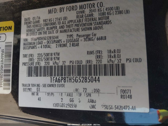 Ford Mustang Ecoboost 2016 1FA6P8TH5G5285044 Image 9