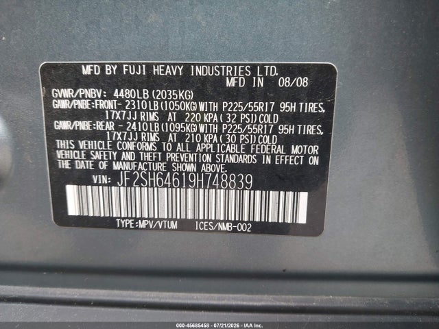 Продажа на аукционе авто 2009 Subaru Forester (natl) X Limited, vin: JF2SH64619H748839, номер лота: 45685458