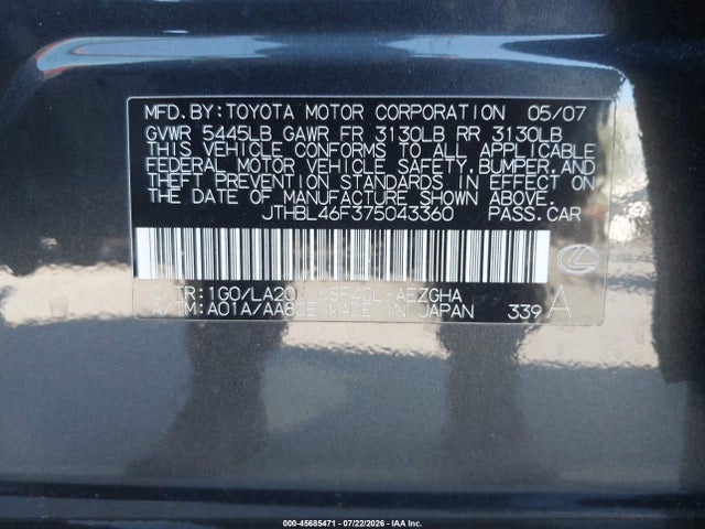 Aukcja sprzedaży 2007 Lexus Ls 460, vin: JTHBL46F375043360, numer aukcji: 45685471