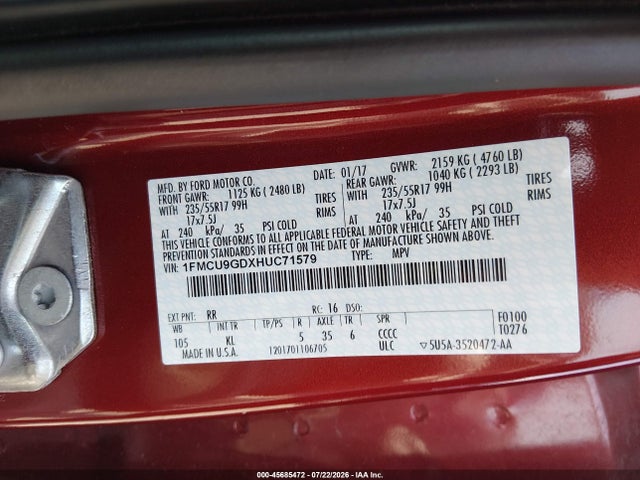 Ford ESCAPE SE 2017 1FMCU9GDXHUC71579 Image 9