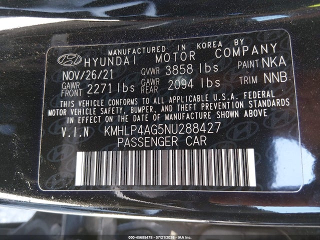 Aukcja sprzedaży 2022 Hyundai Elantra Limited, vin: KMHLP4AG5NU288427, numer aukcji: 45685478