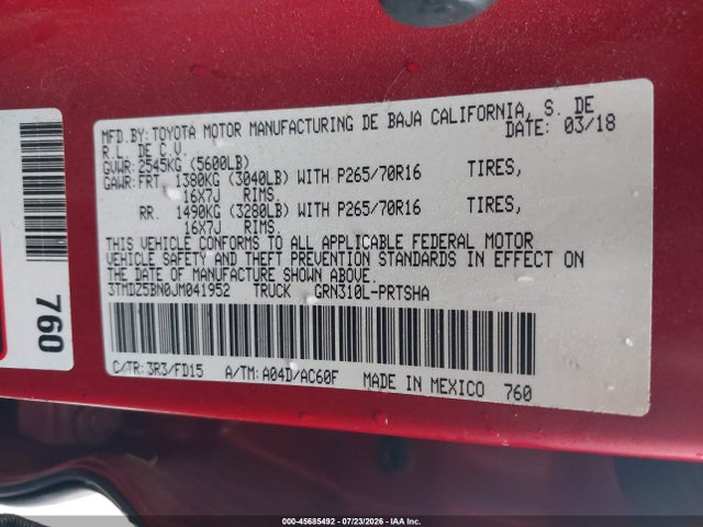 45685492 :رقم المزاد ، 3TMDZ5BN0JM041952 vin ، 2018 Toyota Tacoma Trd Off Road مزاد بيع