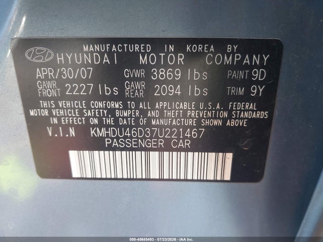 Продажа на аукционе авто 2007 Hyundai Elantra Gls/ltd/se, vin: KMHDU46D37U221467, номер лота: 45685493