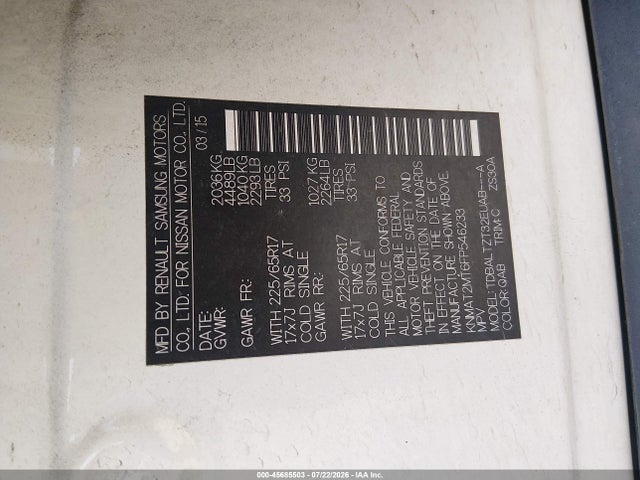 45685503 :رقم المزاد ، KNMAT2MT6FP546233 vin ، 2015 Nissan Rogue Sv مزاد بيع