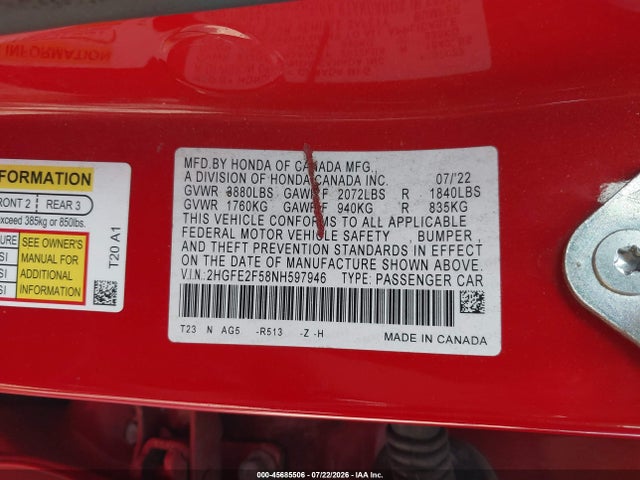 2022 Honda Civic Sport მანქანა იყიდება აუქციონზე, vin: 2HGFE2F58NH597946, აუქციონის ნომერი: 45685506