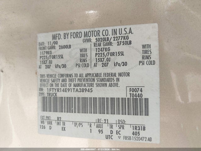 45685507 :رقم المزاد ، 1FTYR14E91TA38945 vin ، 2001 Ford Ranger Edge/xlt مزاد بيع