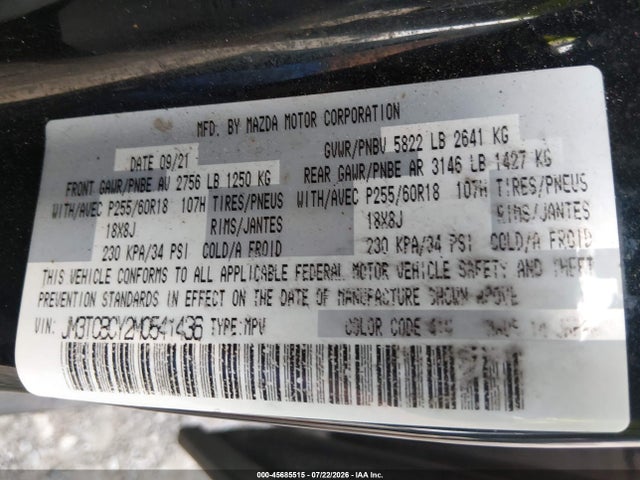 2021 Mazda Cx-9 Touring მანქანა იყიდება აუქციონზე, vin: JM3TCBCY2M0541436, აუქციონის ნომერი: 45685515