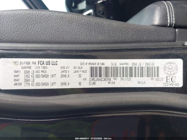 Продаж на аукціоні авто 2016 Dodge Durango Sxt, vin: 1C4RDJAG4GC383768, номер лоту: 45685517