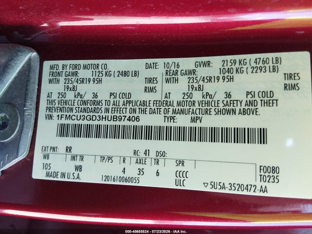Продажа на аукционе авто 2017 Ford Escape Se, vin: 1FMCU9GD3HUB97406, номер лота: 45685524