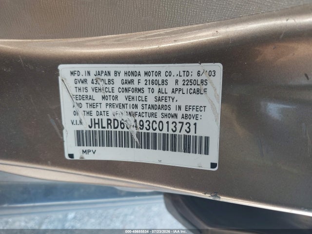 Auction sale of the 2003 Honda Cr-v Lx, vin: JHLRD68493C013731, lot number: 45685534