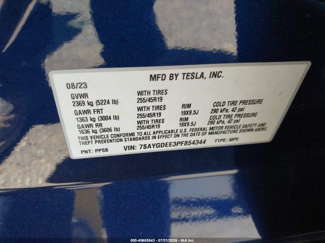 Продаж на аукціоні авто 2023 Tesla Model Y Awd/long Range Dual Motor All-wheel Drive, vin: 7SAYGDEE3PF854344, номер лоту: 45685543