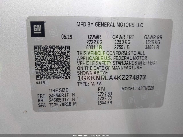 45685548 :رقم المزاد ، 1GKKNRLA4KZ274873 vin ، 2019 Gmc Acadia Sle-1 مزاد بيع