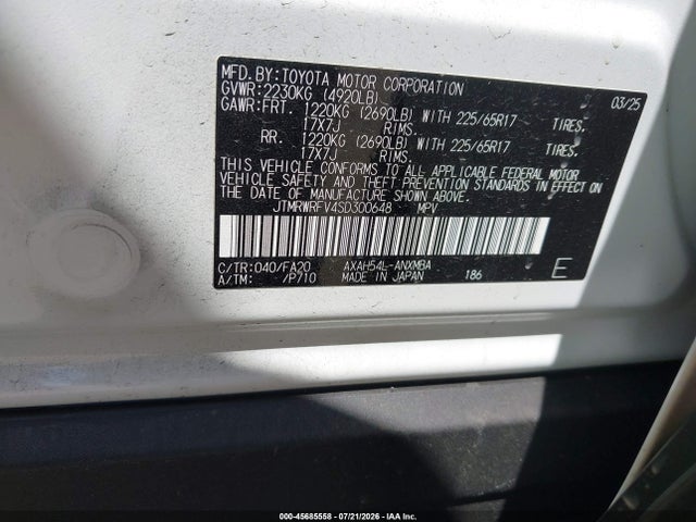 45685558 :رقم المزاد ، JTMRWRFV4SD300648 vin ، 2025 Toyota Rav4 Hybrid Xle مزاد بيع