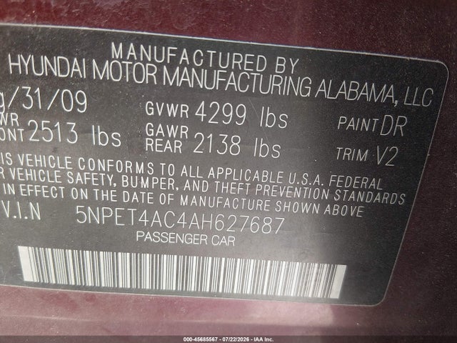 2010 Hyundai Sonata Gls მანქანა იყიდება აუქციონზე, vin: 5NPET4AC4AH627687, აუქციონის ნომერი: 45685567