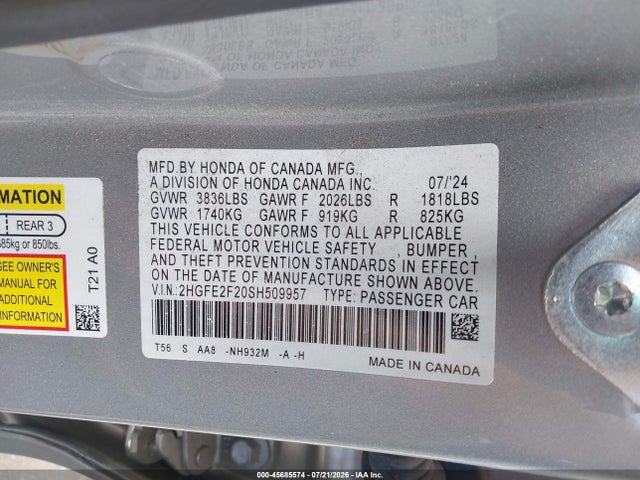 Honda Civic Lx 2025 2HGFE2F20SH509957 Image 9