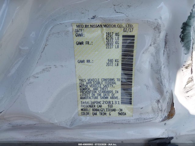 Продажа на аукционе авто 2017 Nissan Altima 2.5 S, vin: 1N4AL3AP0HC208131, номер лота: 45685583