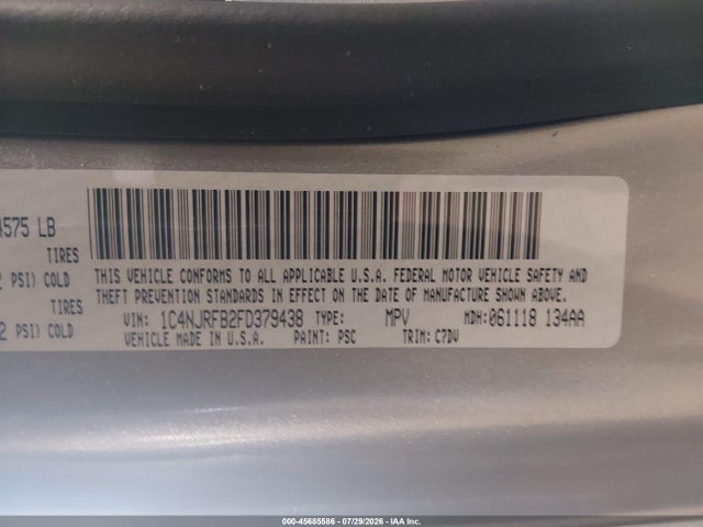 Продаж на аукціоні авто 2015 Jeep Patriot Latitude, vin: 1C4NJRFB2FD379438, номер лоту: 45685586