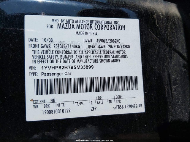 45685603 :رقم المزاد ، 1YVHP82B795M33899 vin ، 2009 Mazda Mazda6 S Grand Touring مزاد بيع